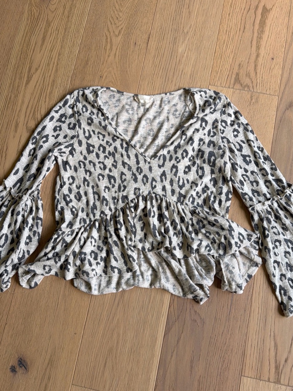 Altar'd State Taupe and Black Leopard Peplum V-Neck Top